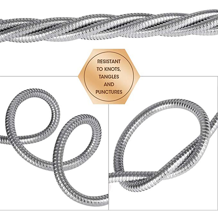 "Stainless steel garden hose, kink-proof, flexible design; features brass fittings, lightweight, and weather-resistant."