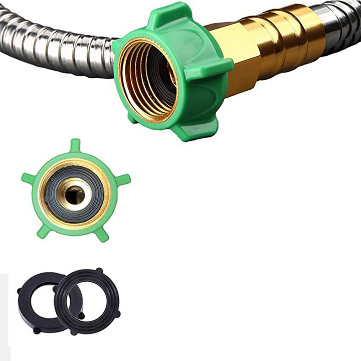 "Stainless steel garden hose, kink-proof, flexible design; features brass fittings, lightweight, and weather-resistant."