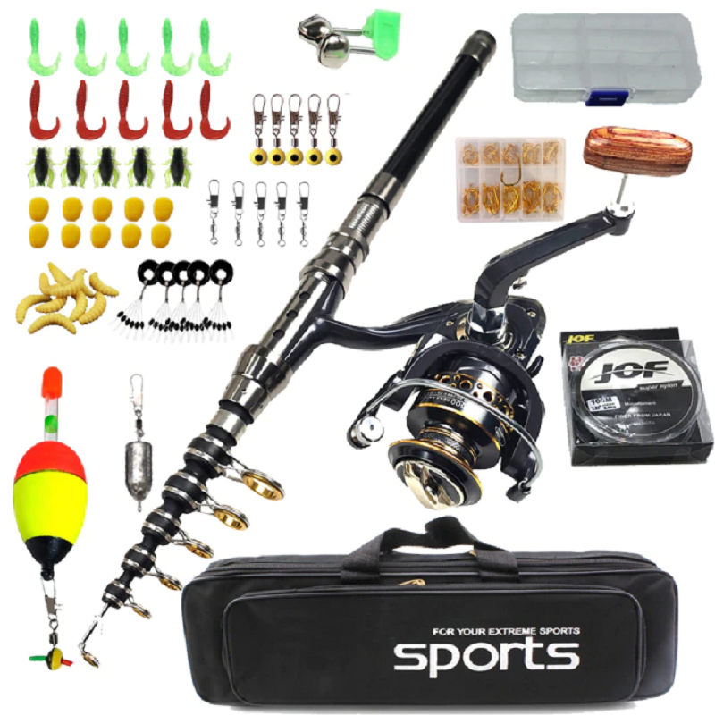 "Telescopic carbon spinning fishing rod kit, compact design, lightweight carbon fiber, suitable for all anglers, outdoor gear