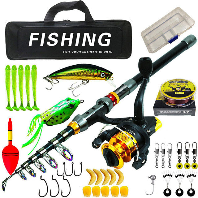 Telescopic fishing rod kit with spinning reel, carbon fiber, compact, travel-friendly, includes accessories, ideal for advent