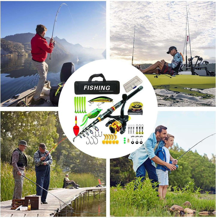 Telescopic fishing rod kit with spinning reel, carbon fiber, compact, travel-friendly, includes accessories, ideal for advent