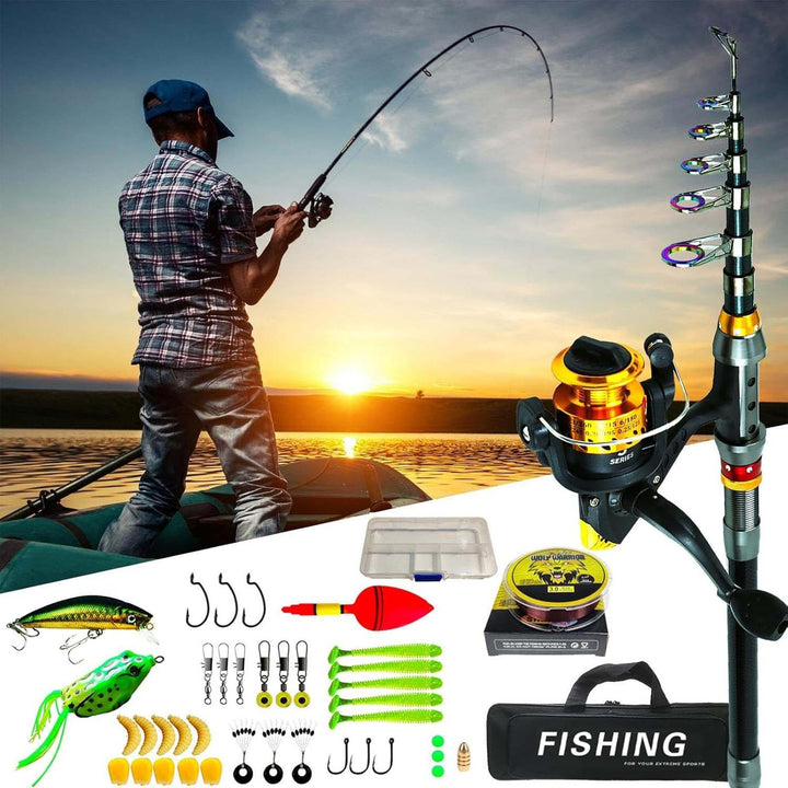 Telescopic fishing rod kit with spinning reel, carbon fiber, compact, travel-friendly, includes accessories, ideal for advent