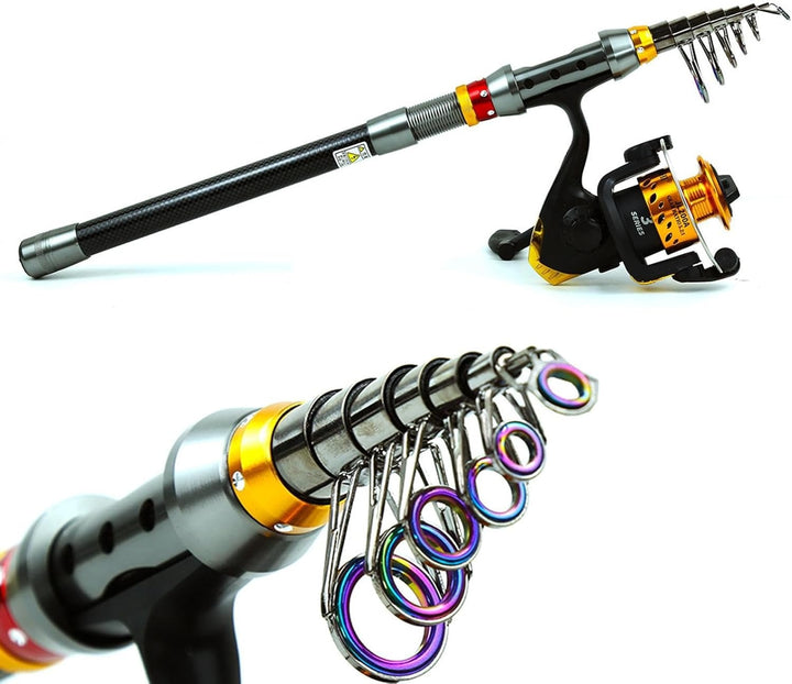 Telescopic fishing rod kit with spinning reel, carbon fiber, compact, travel-friendly, includes accessories, ideal for advent