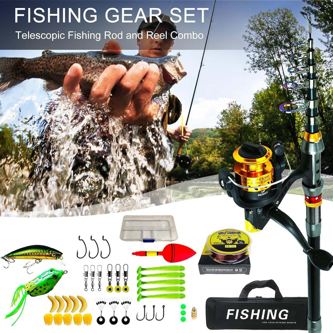 Telescopic fishing rod kit with spinning reel, carbon fiber, compact, travel-friendly, includes accessories, ideal for advent