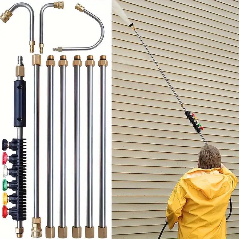 "Telescoping 4000 PSI pressure washer wand set with 24 ft extension, brass and steel construction, 7 nozzle tips shown."
