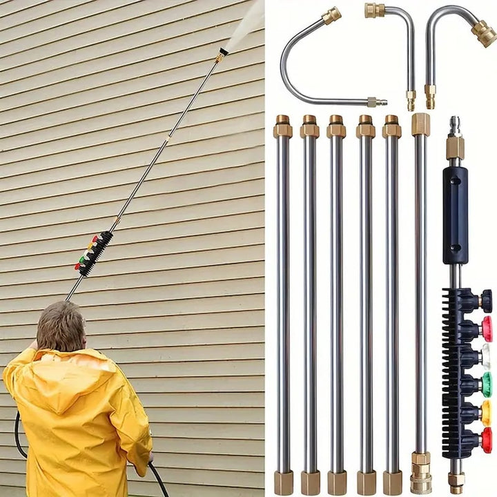 "Telescoping 4000 PSI pressure washer wand set with 24 ft extension, brass and steel construction, 7 nozzle tips shown."