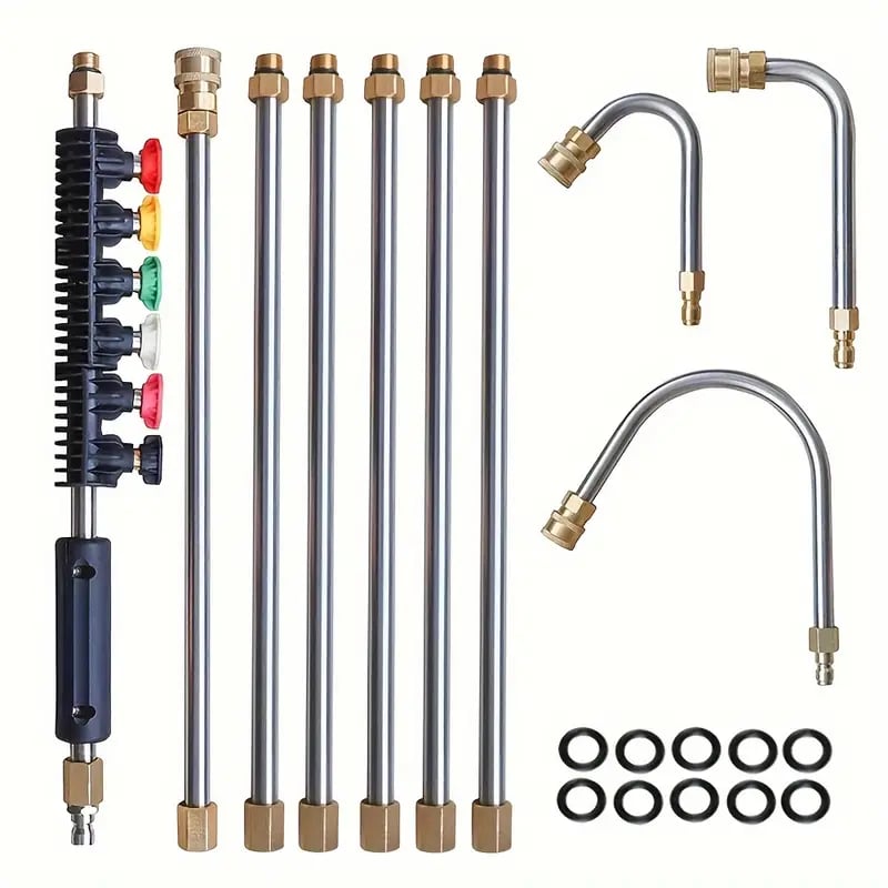 "Telescoping 4000 PSI pressure washer wand set with 24 ft extension, brass and steel construction, 7 nozzle tips shown."