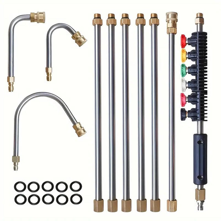 "Telescoping 4000 PSI pressure washer wand set with 24 ft extension, brass and steel construction, 7 nozzle tips shown."