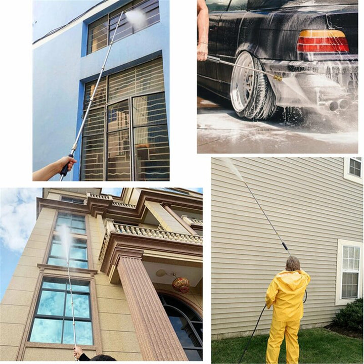 "Telescoping 4000 PSI pressure washer wand set with 24 ft extension, brass and steel construction, 7 nozzle tips shown."