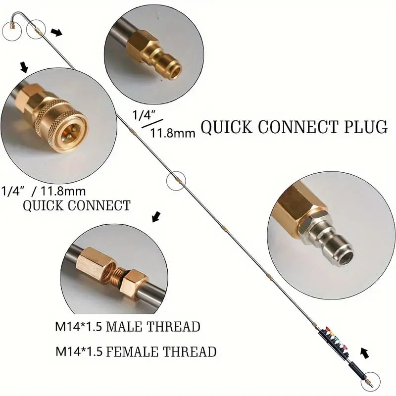 "Telescoping 4000 PSI pressure washer wand set with 24 ft extension, brass and steel construction, 7 nozzle tips shown."