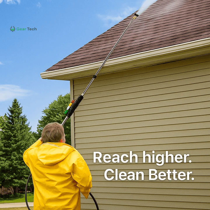 "Telescoping 4000 PSI pressure washer wand set with 24 ft extension, brass and steel construction, 7 nozzle tips shown."