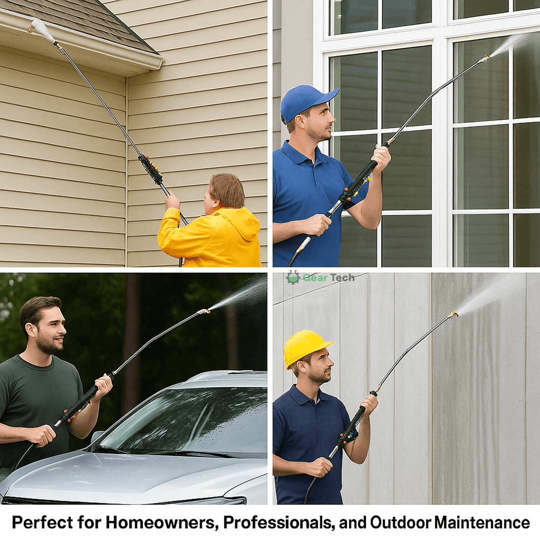 "Telescoping 4000 PSI pressure washer wand set with 24 ft extension, brass and steel construction, 7 nozzle tips shown."