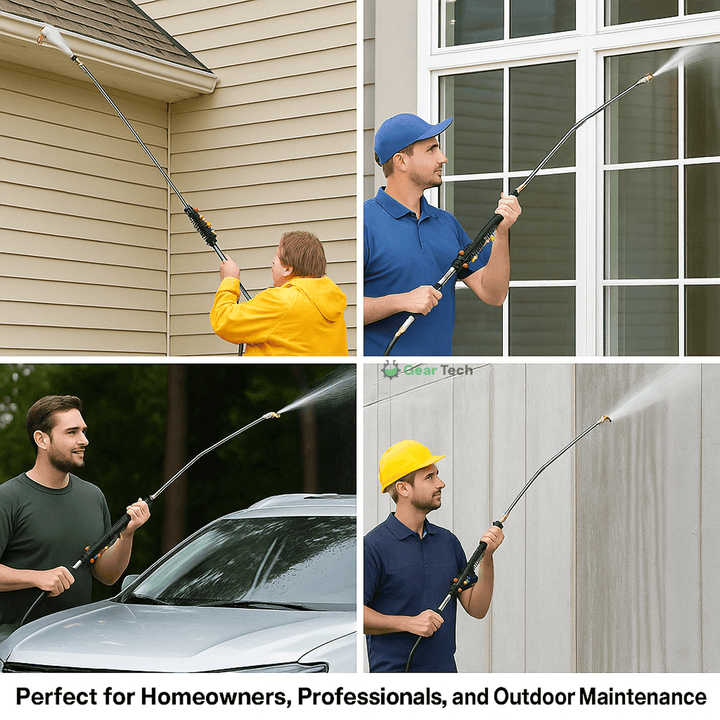 "Telescoping 4000 PSI pressure washer wand set with 24 ft extension, brass and steel construction, 7 nozzle tips shown."