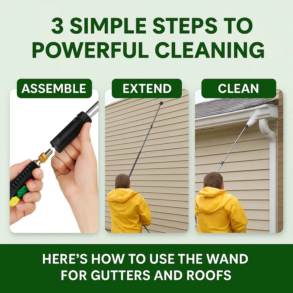 "Telescoping 4000 PSI pressure washer wand set with 24 ft extension, brass and steel construction, 7 nozzle tips shown."