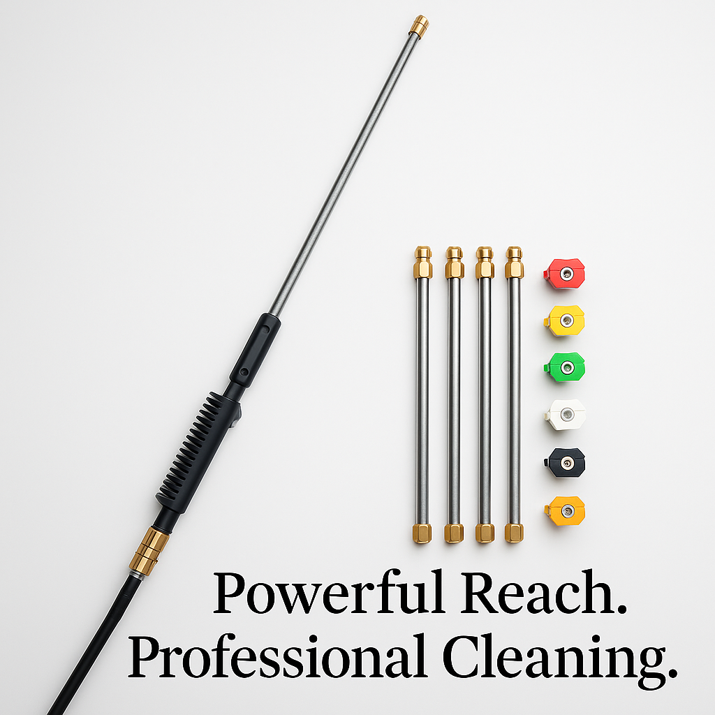 "Telescoping 4000 PSI pressure washer wand set with 24 ft extension, brass and steel construction, 7 nozzle tips shown."