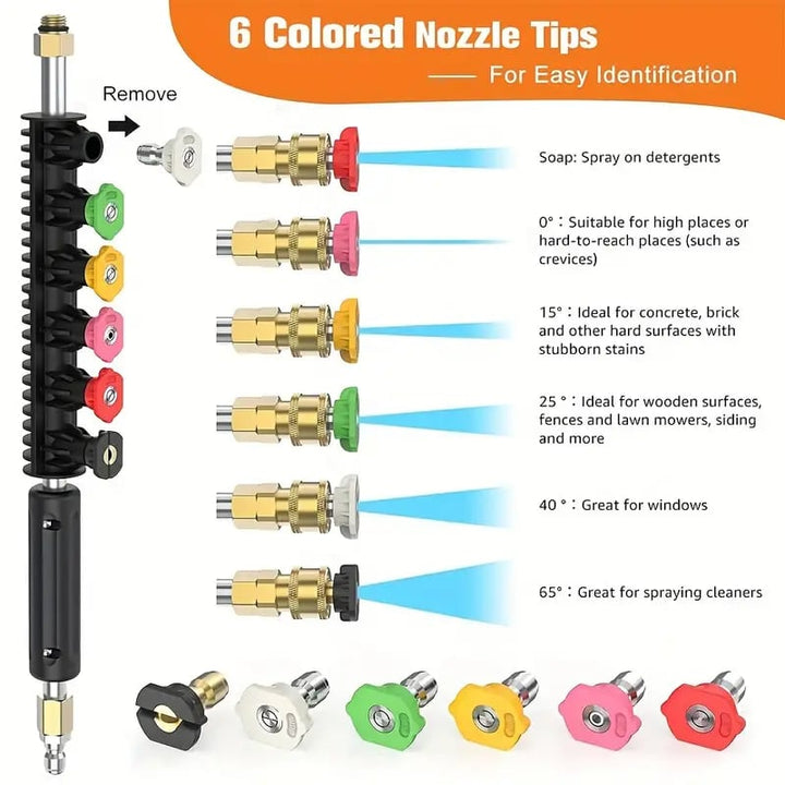 "Telescoping 4000 PSI pressure washer wand set with 24 ft extension, brass and steel construction, 7 nozzle tips shown."