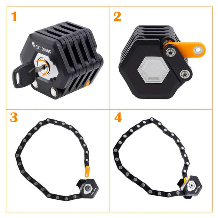 "TitanLock Pro bike lock with hardened alloy steel, high-security design, showing durable chain and advanced locking mechanis