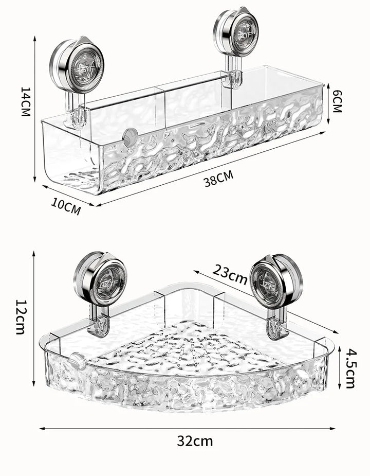 "Transparent no-drill bathroom caddy with strong suction cups, mounted on wall, for organizing toiletries and kitchen tools."
