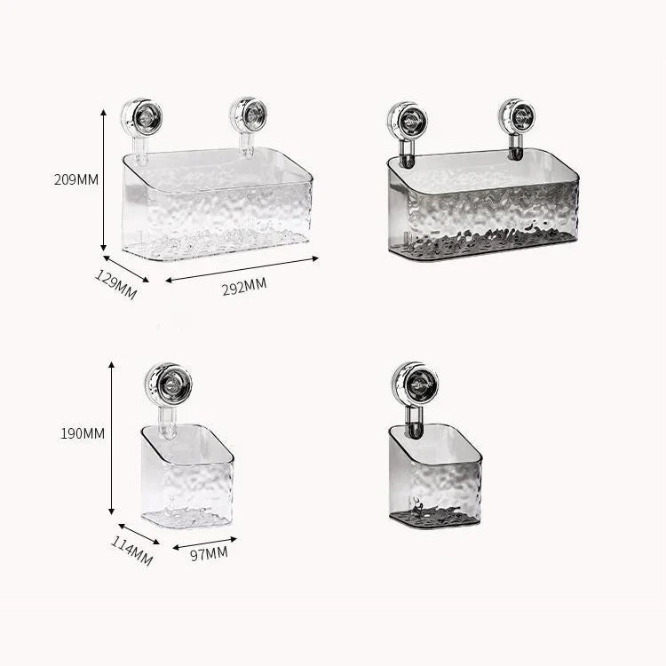 "Transparent no-drill bathroom caddy with strong suction cups, mounted on wall, for organizing toiletries and kitchen tools."