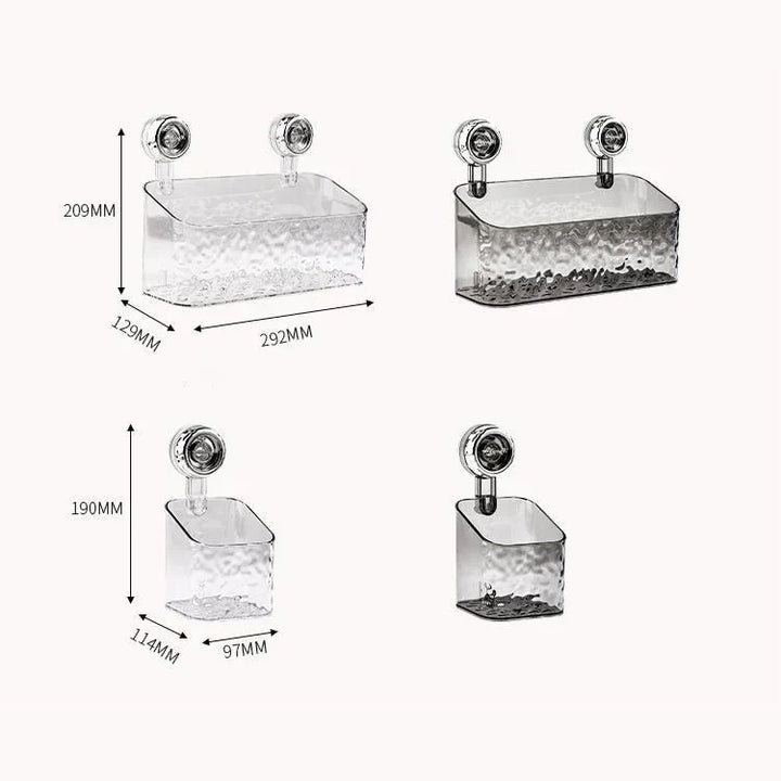 "Transparent no-drill bathroom caddy with strong suction cups, mounted on wall, for organizing toiletries and kitchen tools."