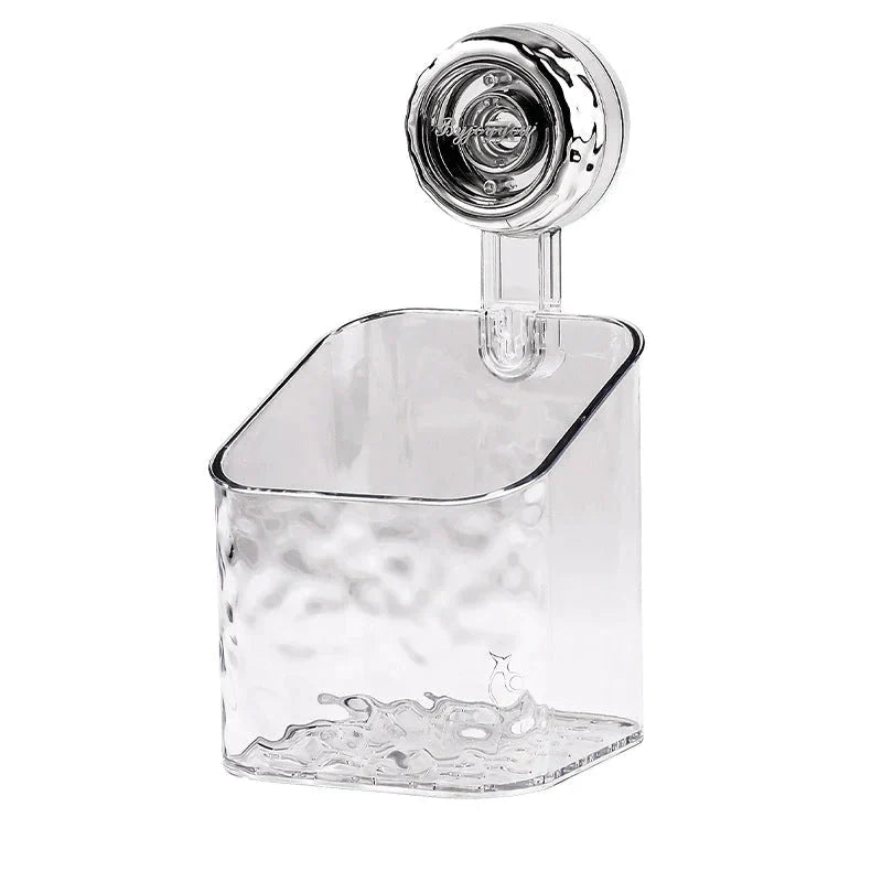 "Transparent no-drill bathroom caddy with strong suction cups, mounted on wall, for organizing toiletries and kitchen tools."