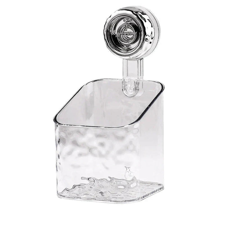 "Transparent no-drill bathroom caddy with strong suction cups, mounted on wall, for organizing toiletries and kitchen tools."