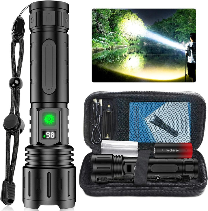 "Ultra-Bright LED tactical flashlight emitting 100,000 lumens; waterproof, compact design ideal for outdoor use."