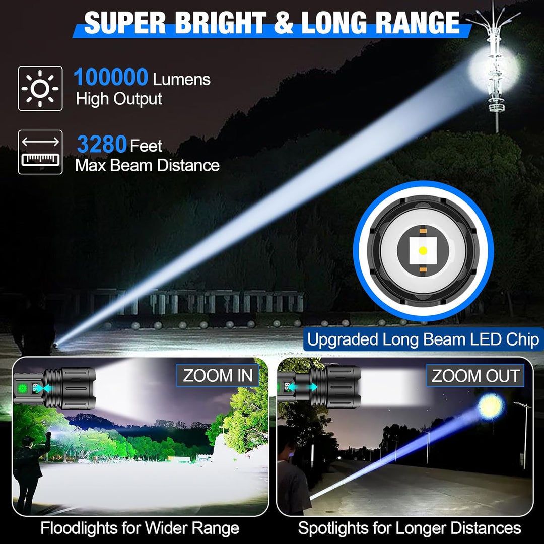 "Ultra-Bright LED tactical flashlight emitting 100,000 lumens; waterproof, compact design ideal for outdoor use."
