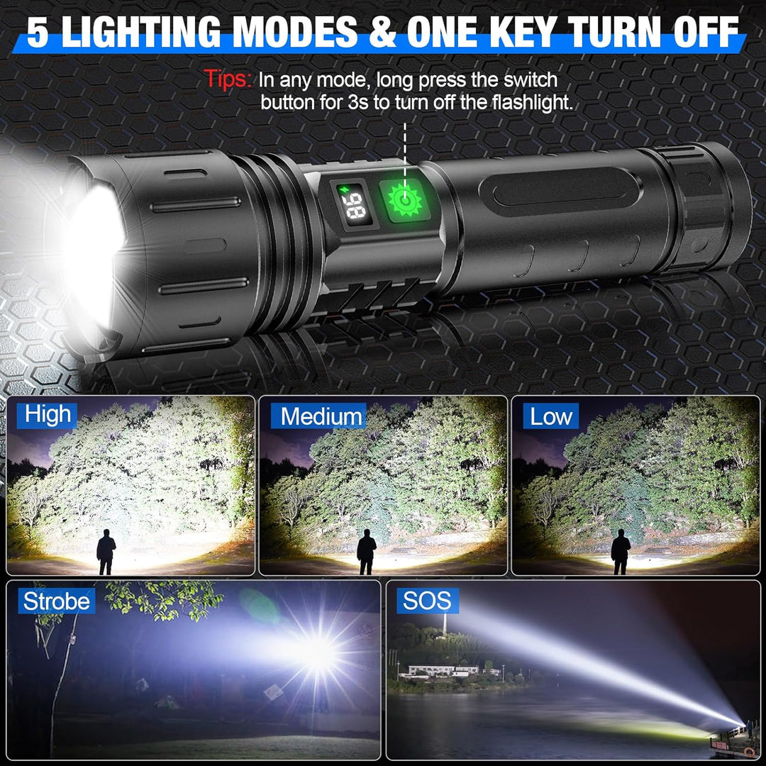 "Ultra-Bright LED tactical flashlight emitting 100,000 lumens; waterproof, compact design ideal for outdoor use."