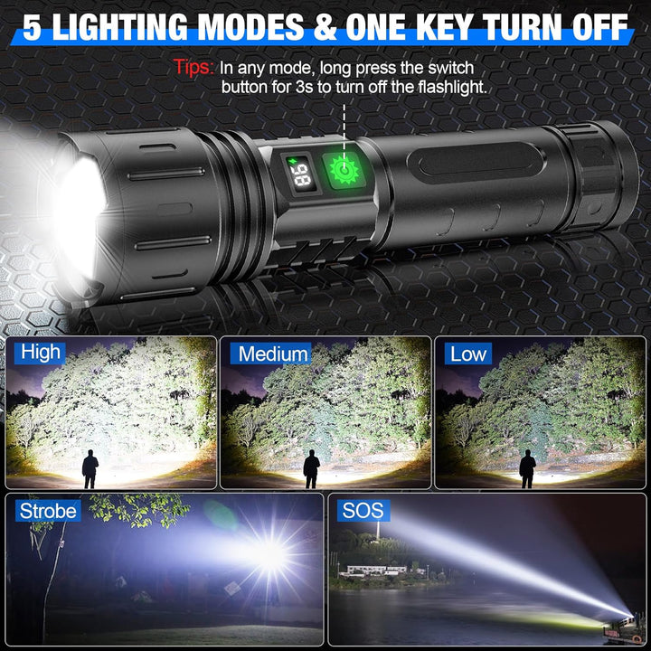 "Ultra-Bright LED tactical flashlight emitting 100,000 lumens; waterproof, compact design ideal for outdoor use."