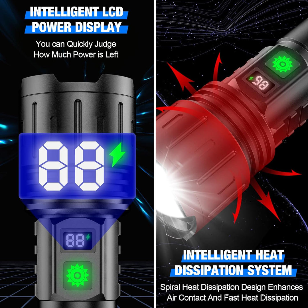 "Ultra-Bright LED tactical flashlight emitting 100,000 lumens; waterproof, compact design ideal for outdoor use."