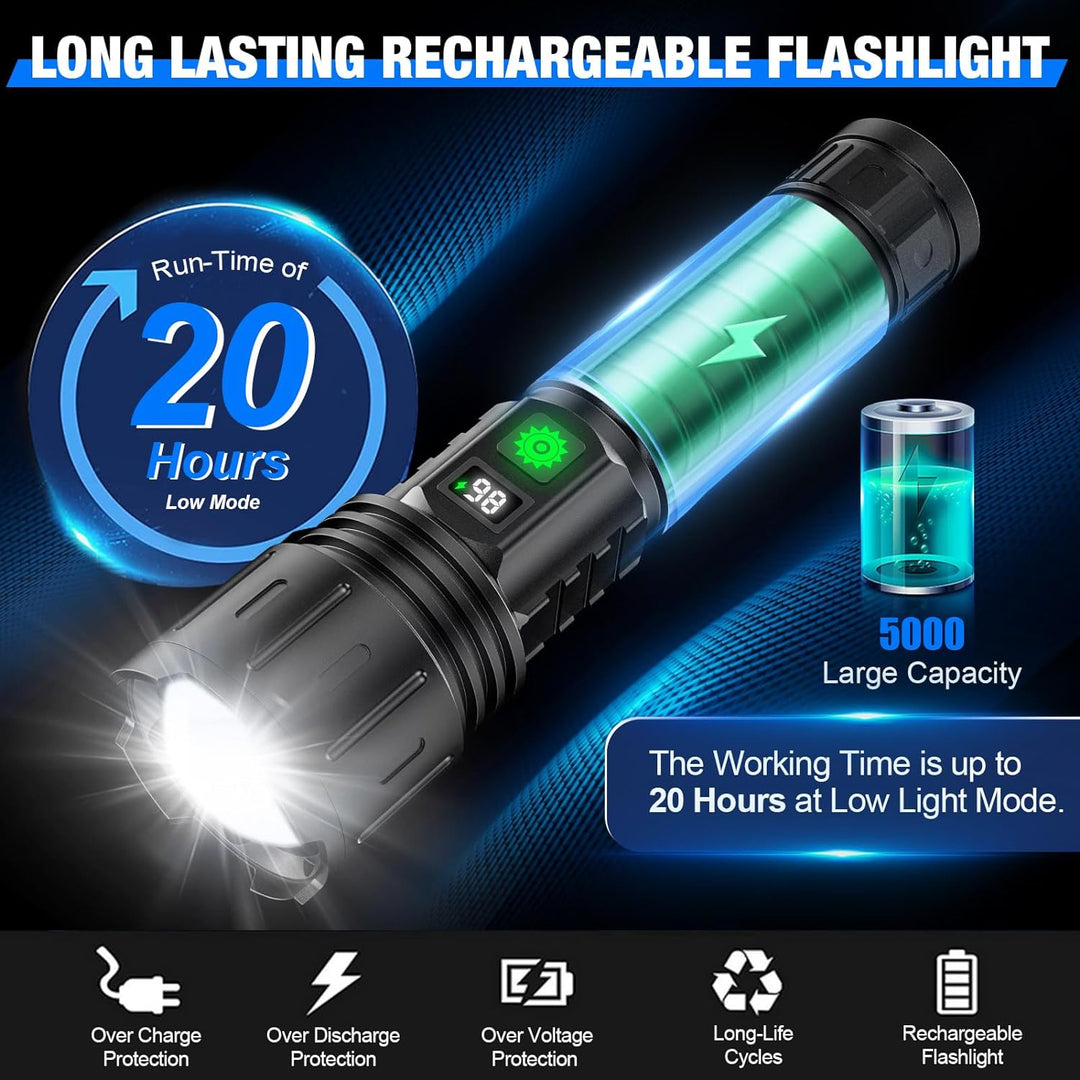 "Ultra-Bright LED tactical flashlight emitting 100,000 lumens; waterproof, compact design ideal for outdoor use."
