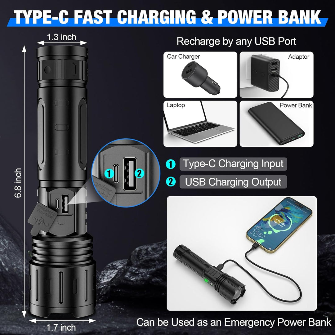 "Ultra-Bright LED tactical flashlight emitting 100,000 lumens; waterproof, compact design ideal for outdoor use."