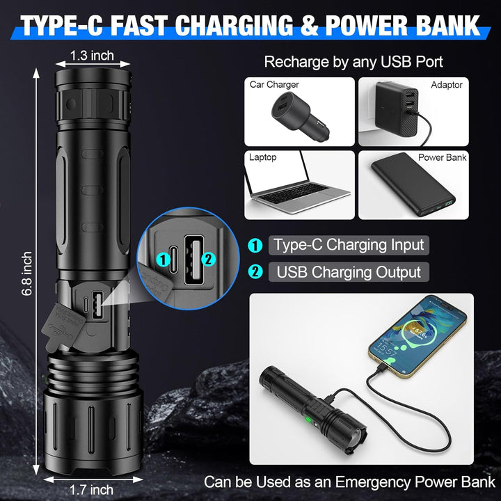 "Ultra-Bright LED tactical flashlight emitting 100,000 lumens; waterproof, compact design ideal for outdoor use."