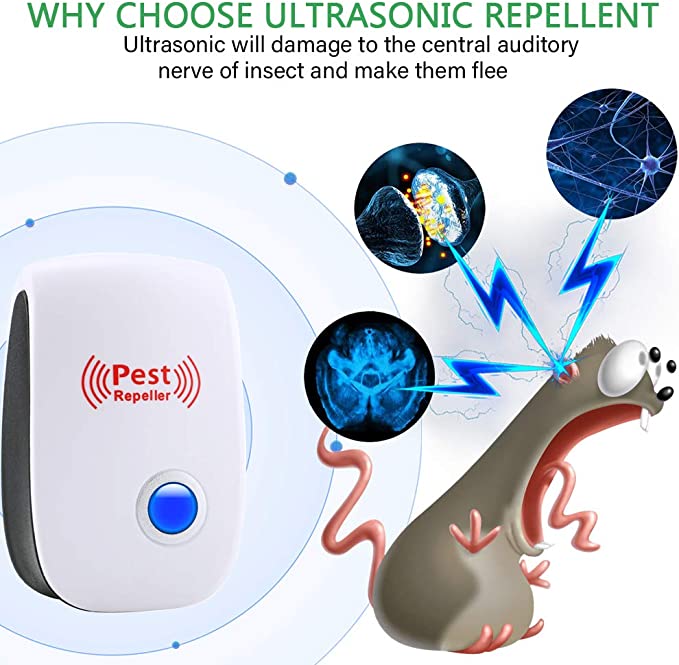 "Ultrasonic Rat Repeller, sleek device, eco-friendly, drives pests away, safe for pets, chemical-free, home pest control."
