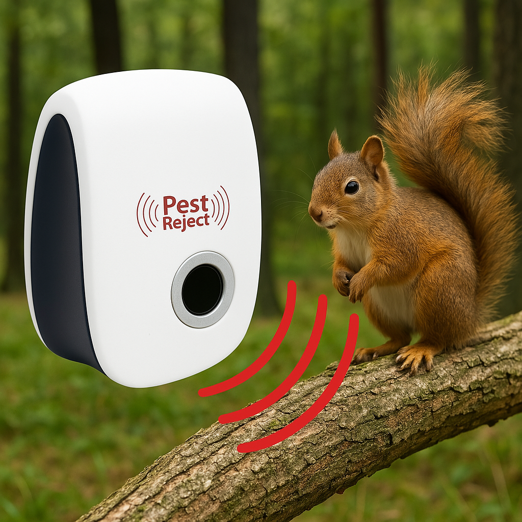 "Ultrasonic Squirrel Repeller, eco-friendly device for garden pest control, safely drives pests away with intelligent frequen