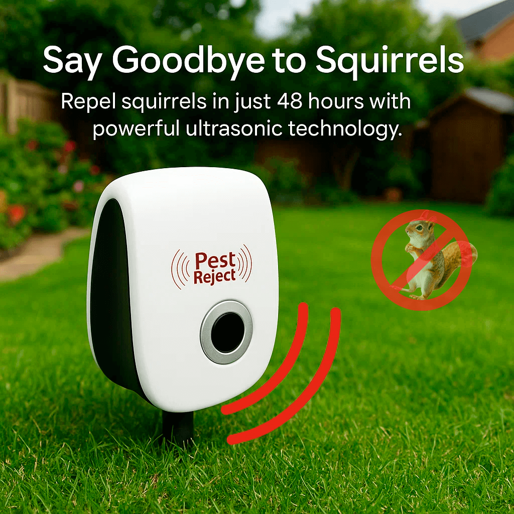 "Ultrasonic Squirrel Repeller, eco-friendly device for garden pest control, safely drives pests away with intelligent frequen