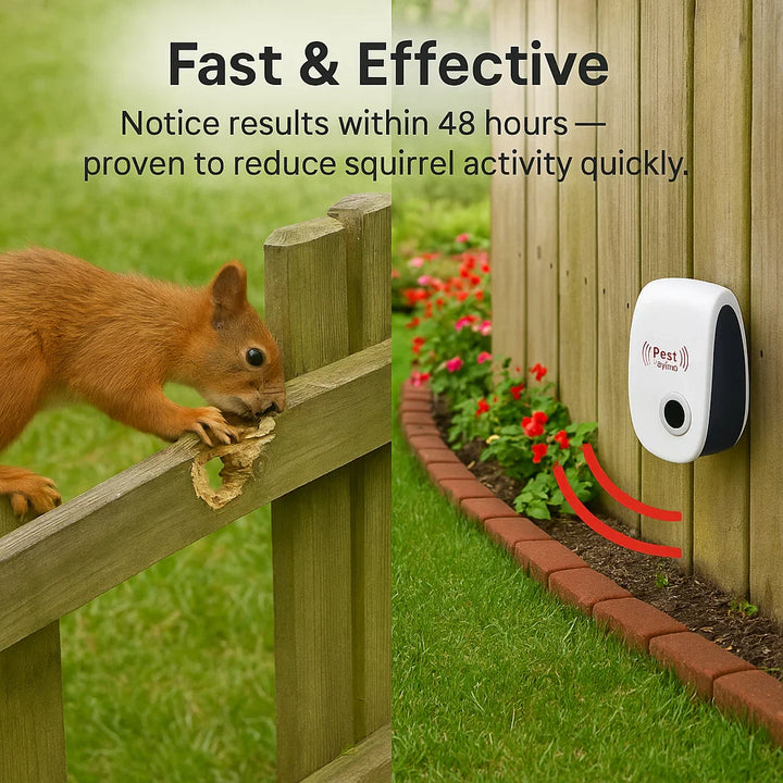"Ultrasonic Squirrel Repeller, eco-friendly device for garden pest control, safely drives pests away with intelligent frequen