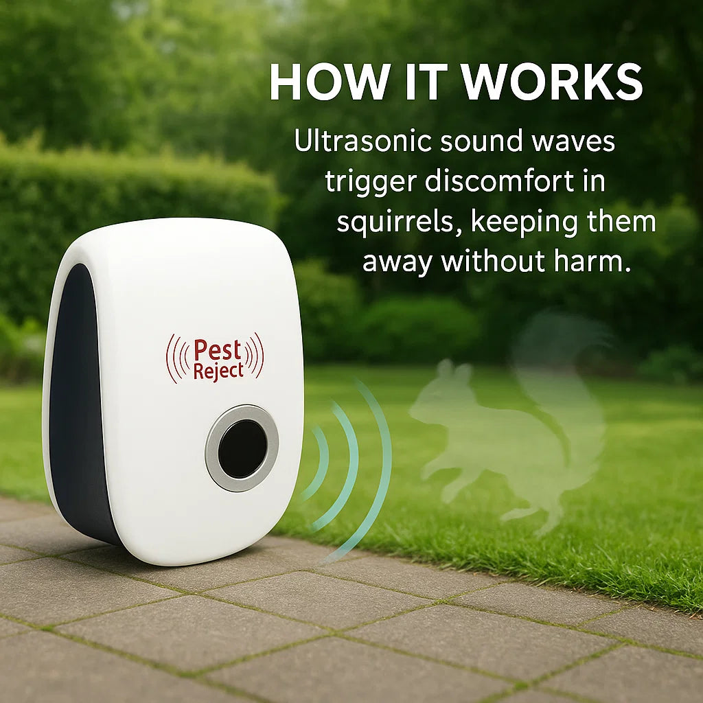 "Ultrasonic Squirrel Repeller, eco-friendly device for garden pest control, safely drives pests away with intelligent frequen