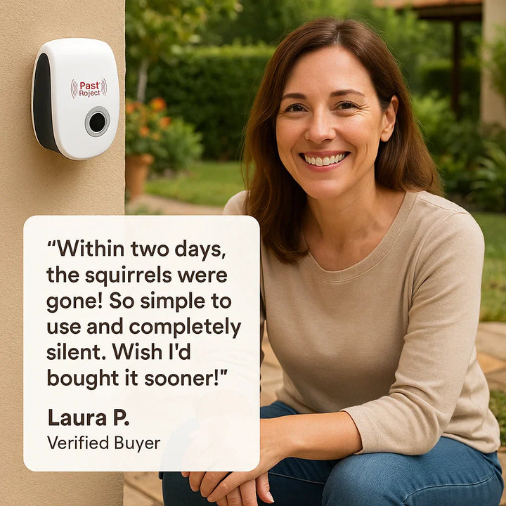 "Ultrasonic Squirrel Repeller, eco-friendly device for garden pest control, safely drives pests away with intelligent frequen