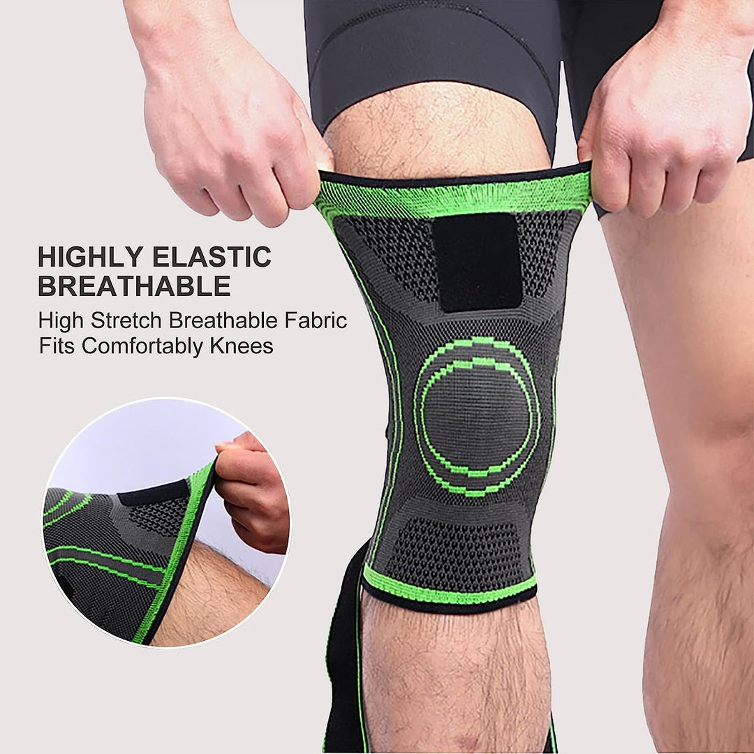 Unisex Aeroflux knee support brace for pain relief with adjustable straps, shown securely wrapped around a leg for stability.
