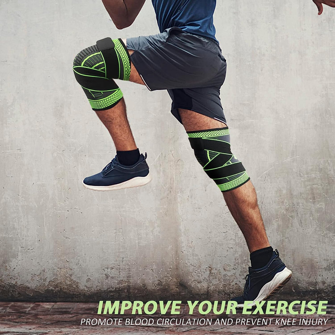 Unisex Aeroflux knee support brace for pain relief with adjustable straps, shown securely wrapped around a leg for stability.