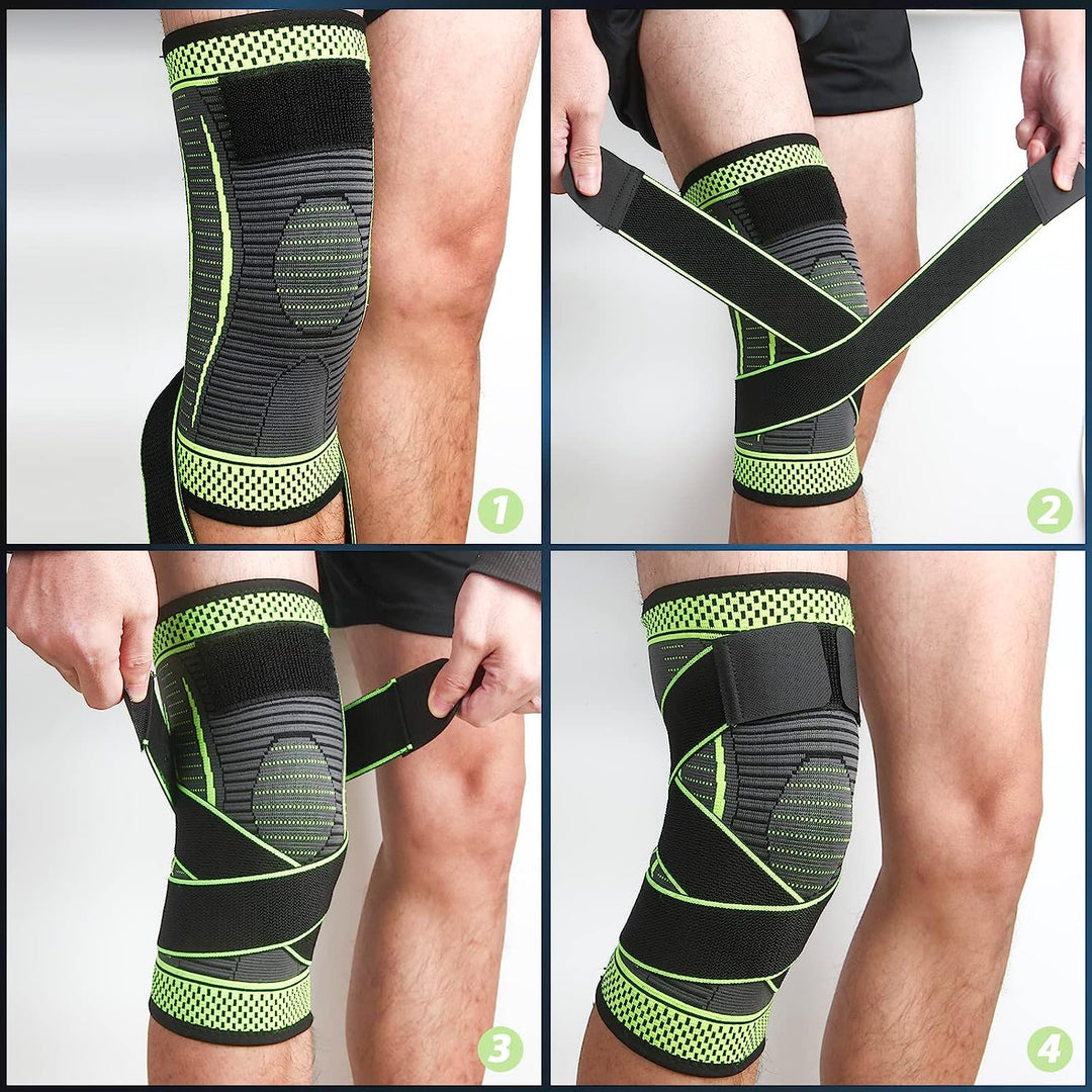 Unisex Aeroflux knee support brace for pain relief with adjustable straps, shown securely wrapped around a leg for stability.