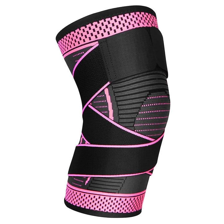 Unisex Aeroflux knee support brace for pain relief with adjustable straps, shown securely wrapped around a leg for stability.