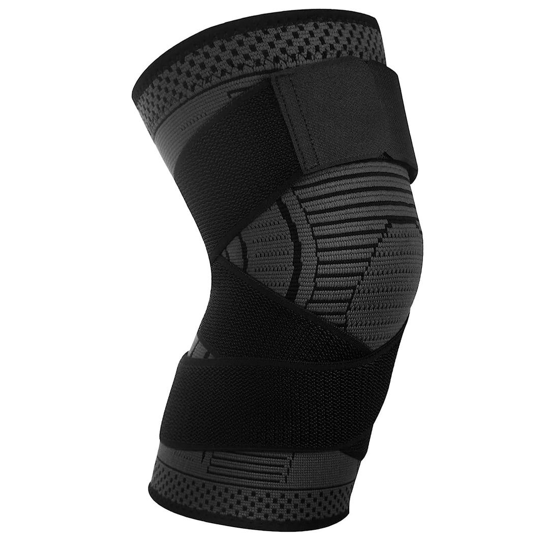 Unisex Aeroflux knee support brace for pain relief with adjustable straps, shown securely wrapped around a leg for stability.