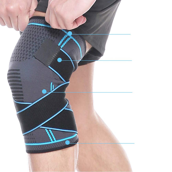 Unisex Aeroflux knee support brace for pain relief with adjustable straps, shown securely wrapped around a leg for stability.