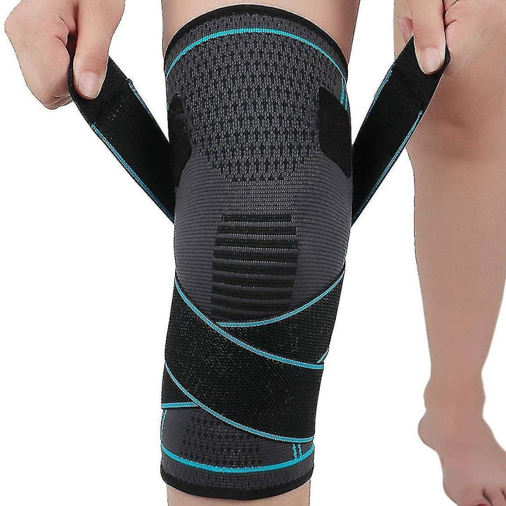 Unisex Aeroflux knee support brace for pain relief with adjustable straps, shown securely wrapped around a leg for stability.