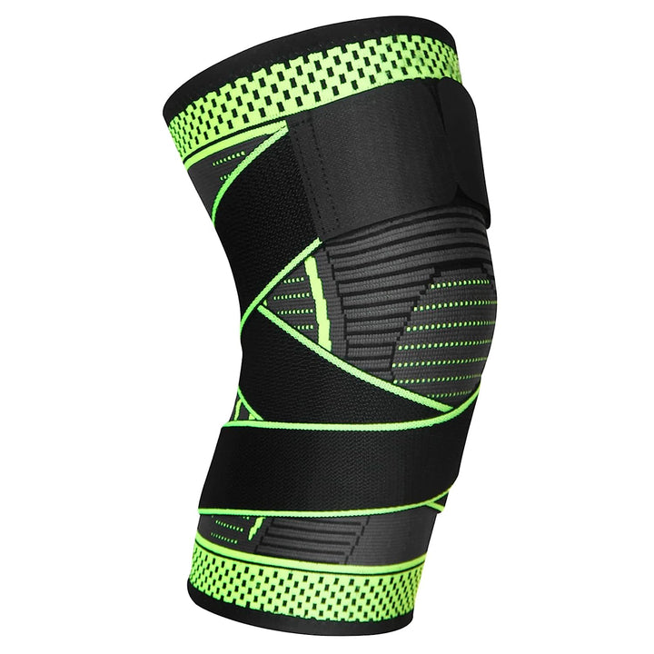 Unisex Aeroflux knee support brace for pain relief with adjustable straps, shown securely wrapped around a leg for stability.