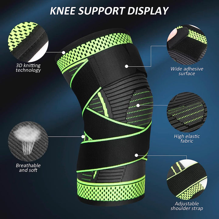 Unisex Aeroflux knee support brace for pain relief with adjustable straps, shown securely wrapped around a leg for stability.