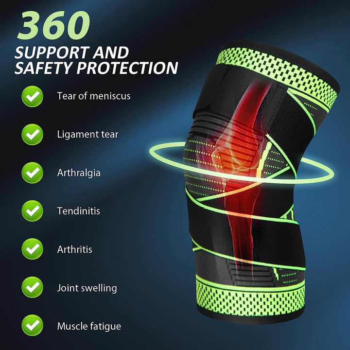 Unisex Aeroflux knee support brace for pain relief with adjustable straps, shown securely wrapped around a leg for stability.